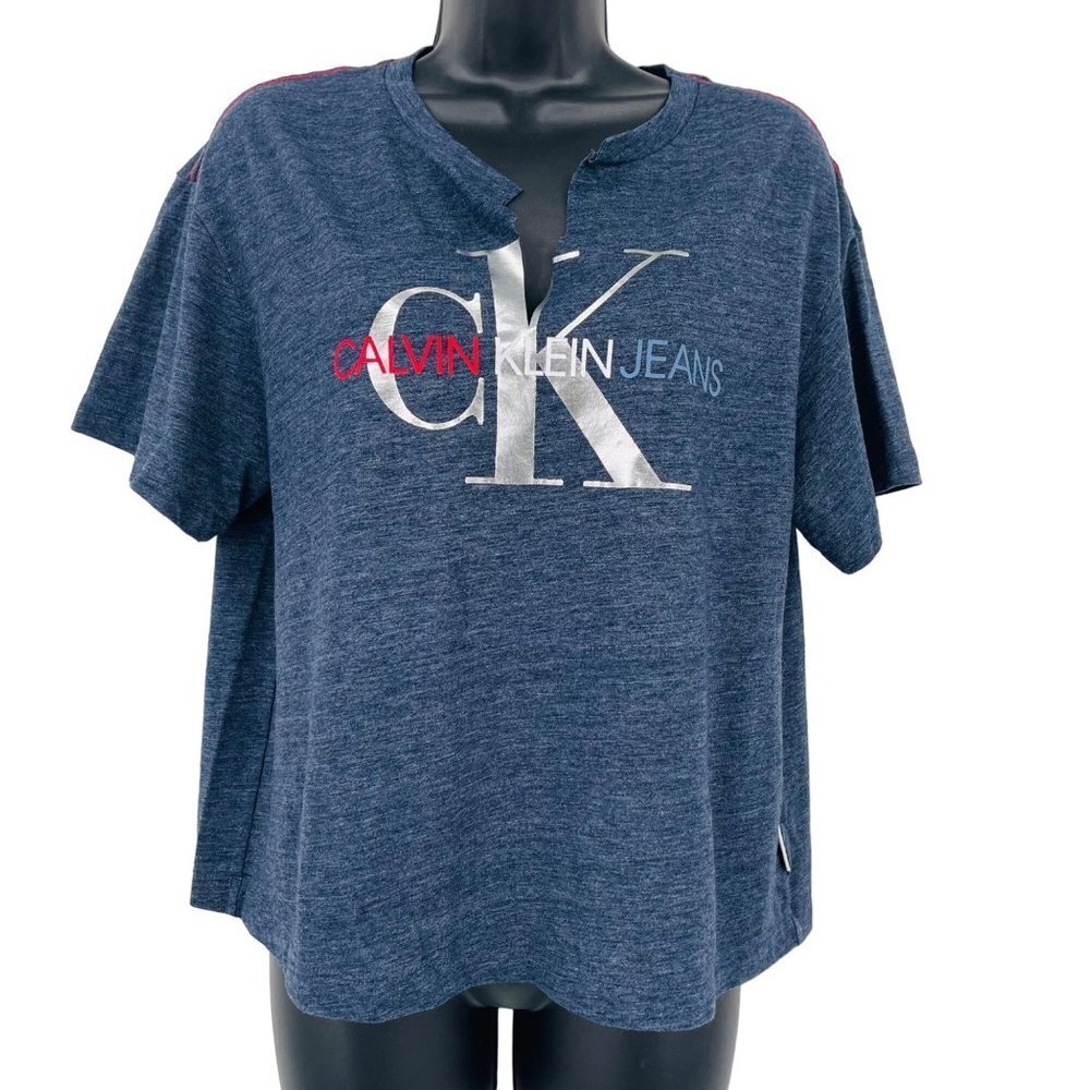 Calvin Klein Jeans Logo Shirt Womens M Blue Split V Neck Neck Short Sleeve